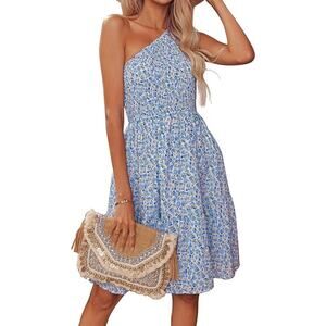 NWT Naggoo Floral Summer Dress Sleeveless One Shoulder Smocked Blue Women Size M